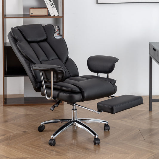 Office Chair, Big and Tall Executive Office Chair with Footrest, Leather Computer Chair, Ergonomic Reclining Chair High Back, Large Home Office Chair (Black)