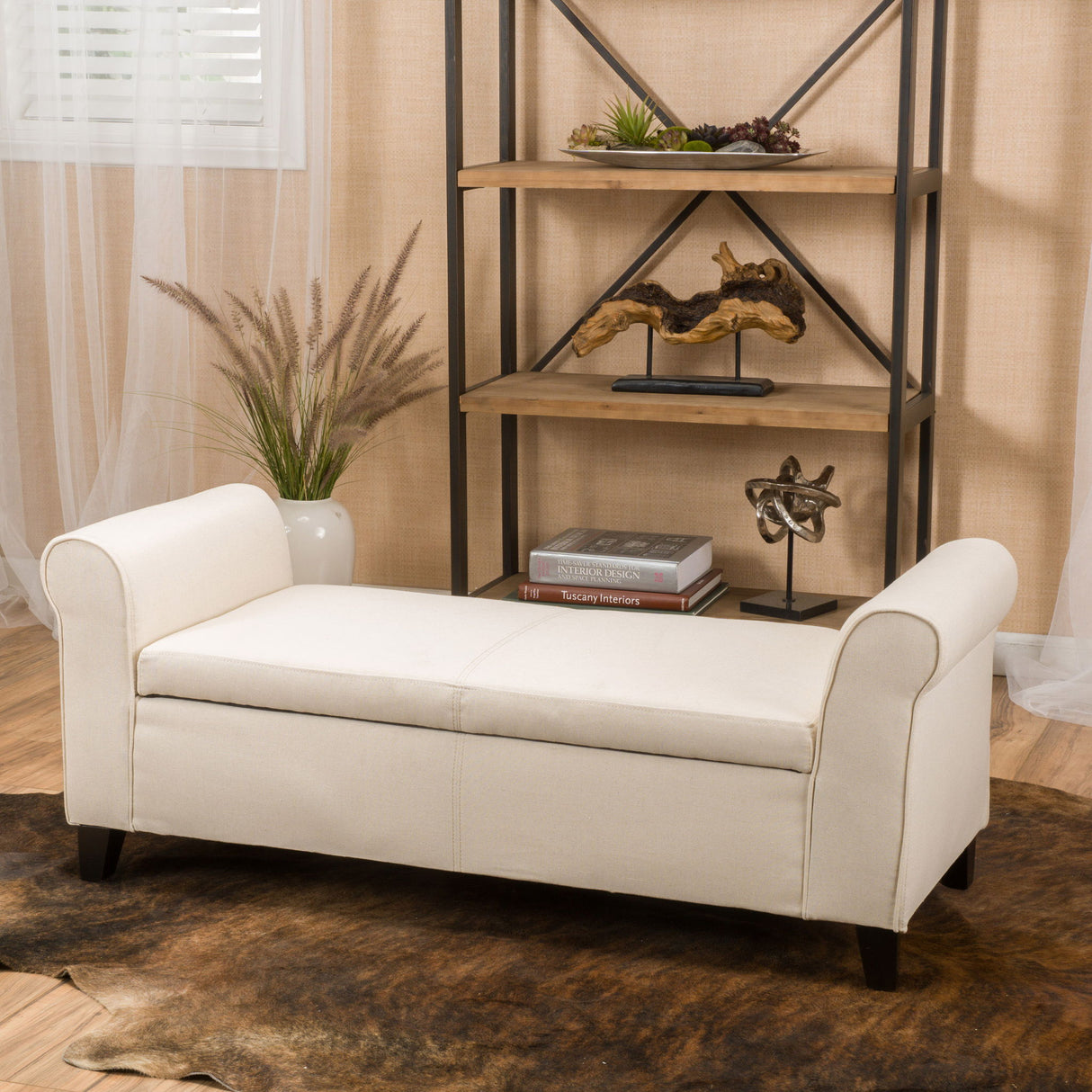Glistening - Upholstered Storage Bench With Rolled Arms And Wood Legs - Beige
