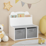 Bookshelf With Storage Bins, Bookcase With Book Display Shelf And 2 Bins, Cute Bear Shaped Backboard, Toy Organizer - White