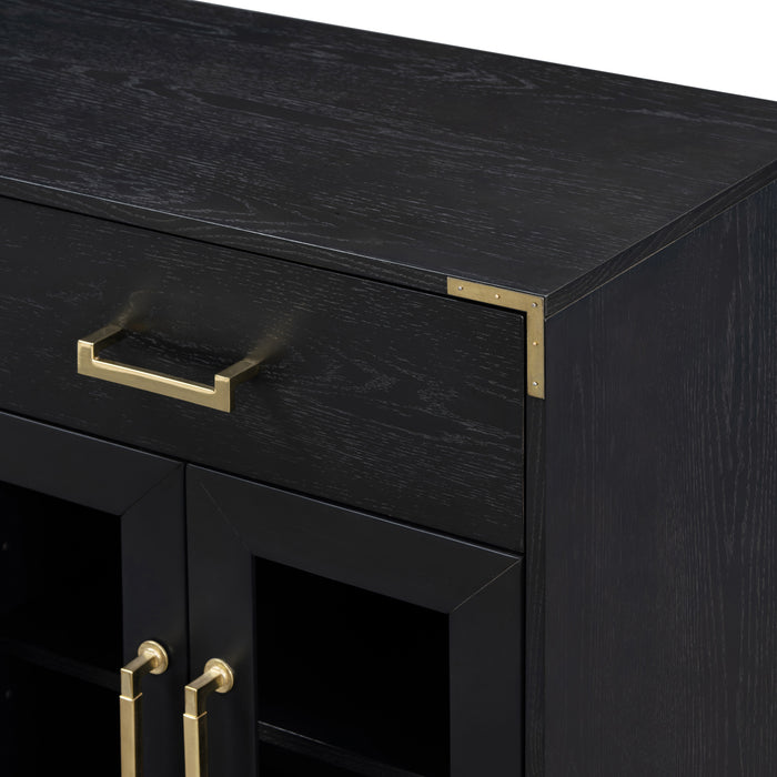 TREXM 6-drawer and 2-Cabinet Retro Sideboard with Extra Large Storage Space, with Gold Handles and Solid Wood Legs, for Kitchen and Living Room (Black)