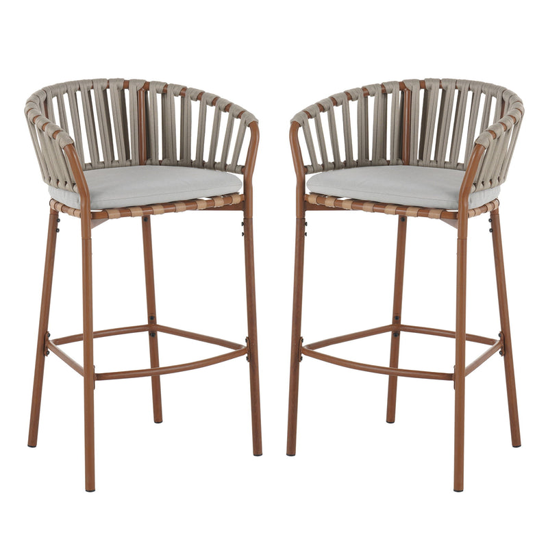 Lodi - Outdoor Matal Rope Barstool, Teak / Beige (Set of 2) - Teak / Beige