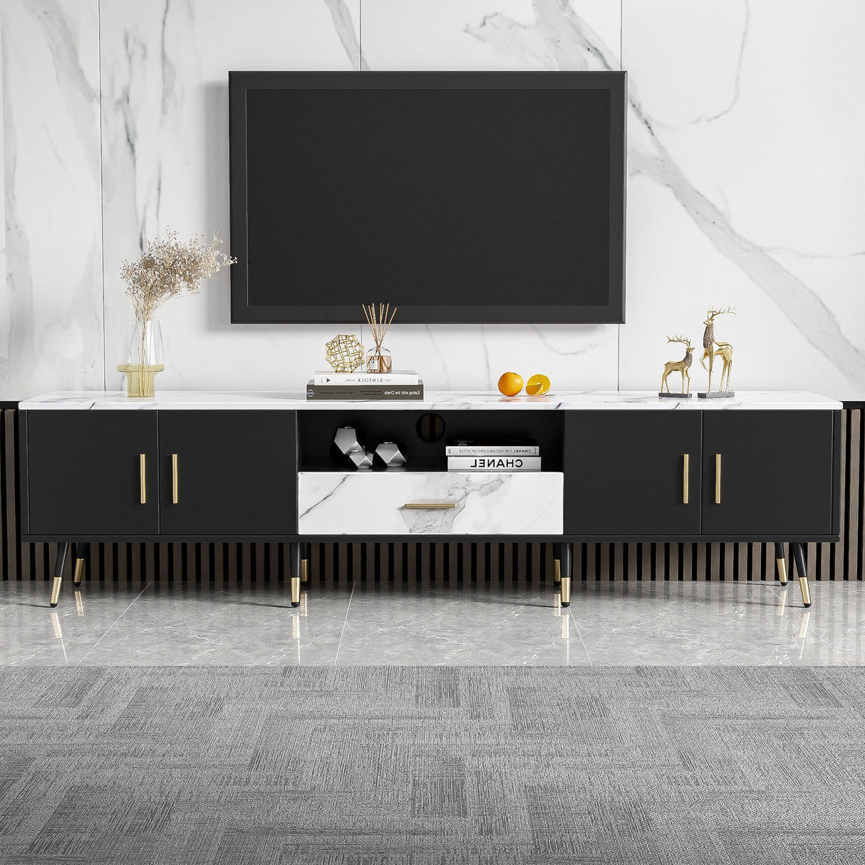 Modern TV Stand With 2 Cabinets & Open Compartments, Entertainment Center For Tvs Up To 80''