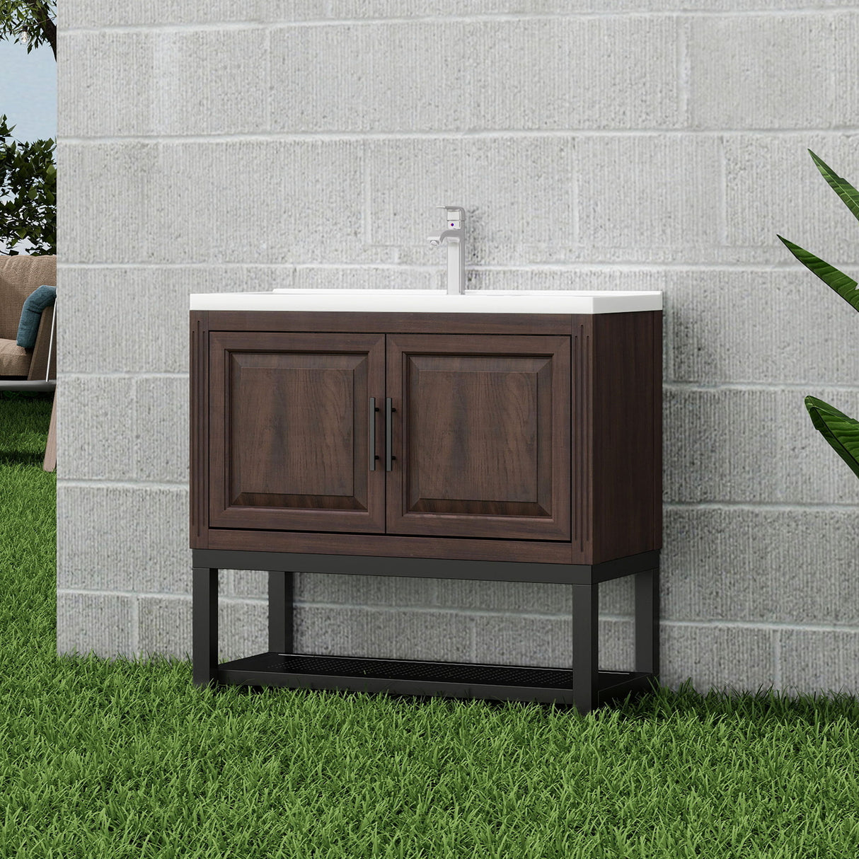 Modern Freestanding Bathroom Vanity With Ceramic Sink, Hot And Cold Faucet, Storage Cabinet & Open Shelf