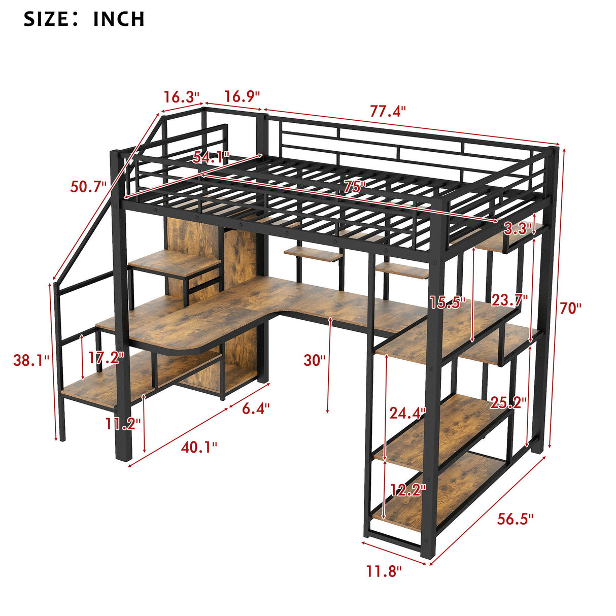 Loft Bed With Storage Staircase And Small Wardrobe, Built - In Desk And Storage Shelves