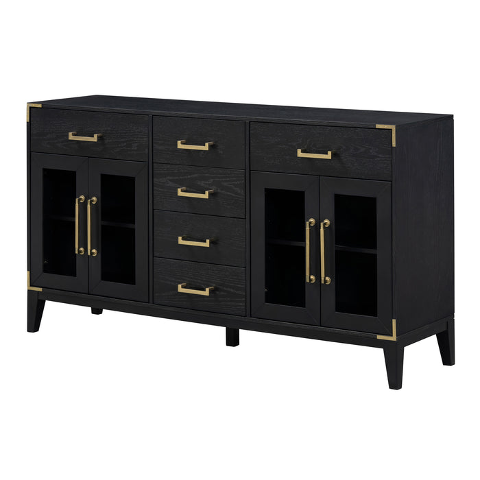 TREXM 6-drawer and 2-Cabinet Retro Sideboard with Extra Large Storage Space, with Gold Handles and Solid Wood Legs, for Kitchen and Living Room (Black)