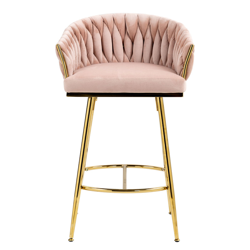 Counter Height Bar Stools Kitchen Island Counter Bar Stool With Hand - Wave Back, Golden Chromed Base And Footrest (Set of 2) - Pink