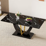 Modern Minimalist Luxurious Imitation Marble Dining Table Rectangular Office Desk With Tempered Glass - Black