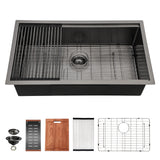 Workstation Kitchen Sink 30" X 18" X 10" Single Bowl Undermount 16 Gauge - Gunmetal Black