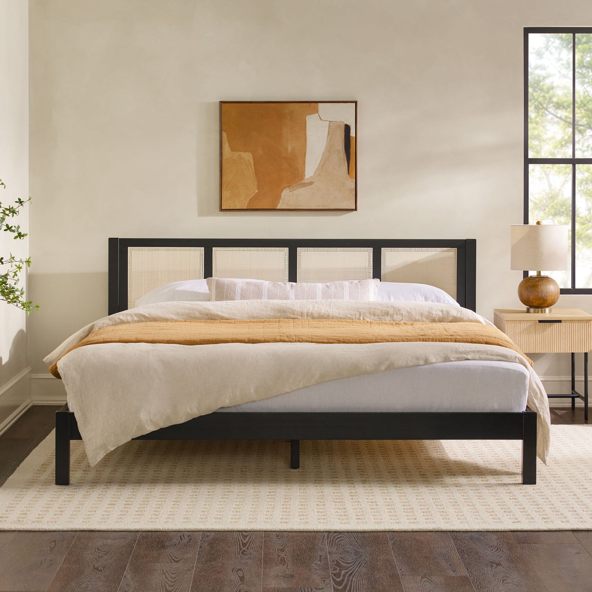 King Bed With Rattan Panel Headboard - Black