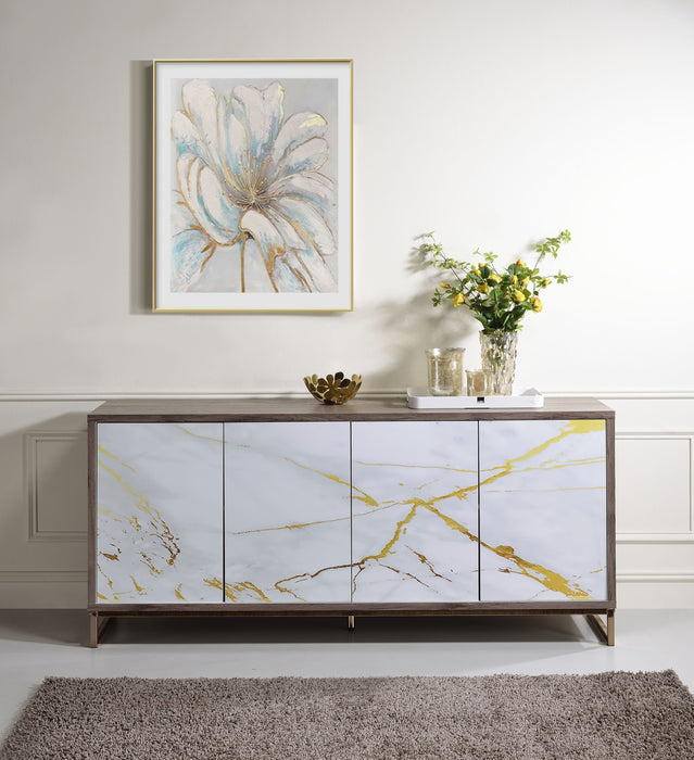 ACME Paavan Console Cabinet, White Marble Paint, Oak & Champagne AC02343