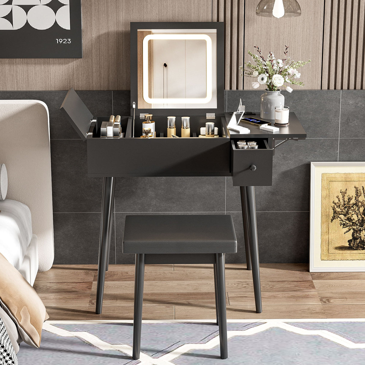 Makeup Vanity Desk With Flip Top Mirror And LED Light, Dressing Table With Charging Station, 2 Drawers And Fold Up Panel, Vanity Set With Cushioned Stool For Bedroom - Black