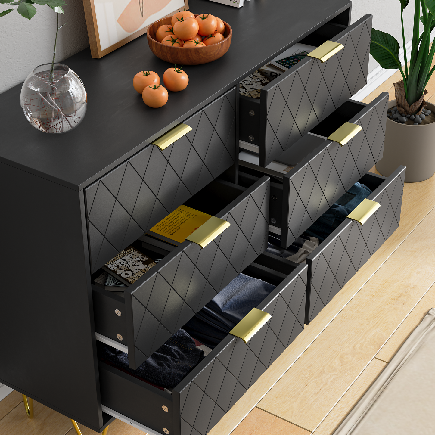 Modern black 6 Drawers for Bedroom, Small Size Modern 6 Drawer Dresser, Wide Chest of Drawers with Gold Handles, Wood Double Dresser Storage Cabinet for Living Room, Bedroom, Hallway