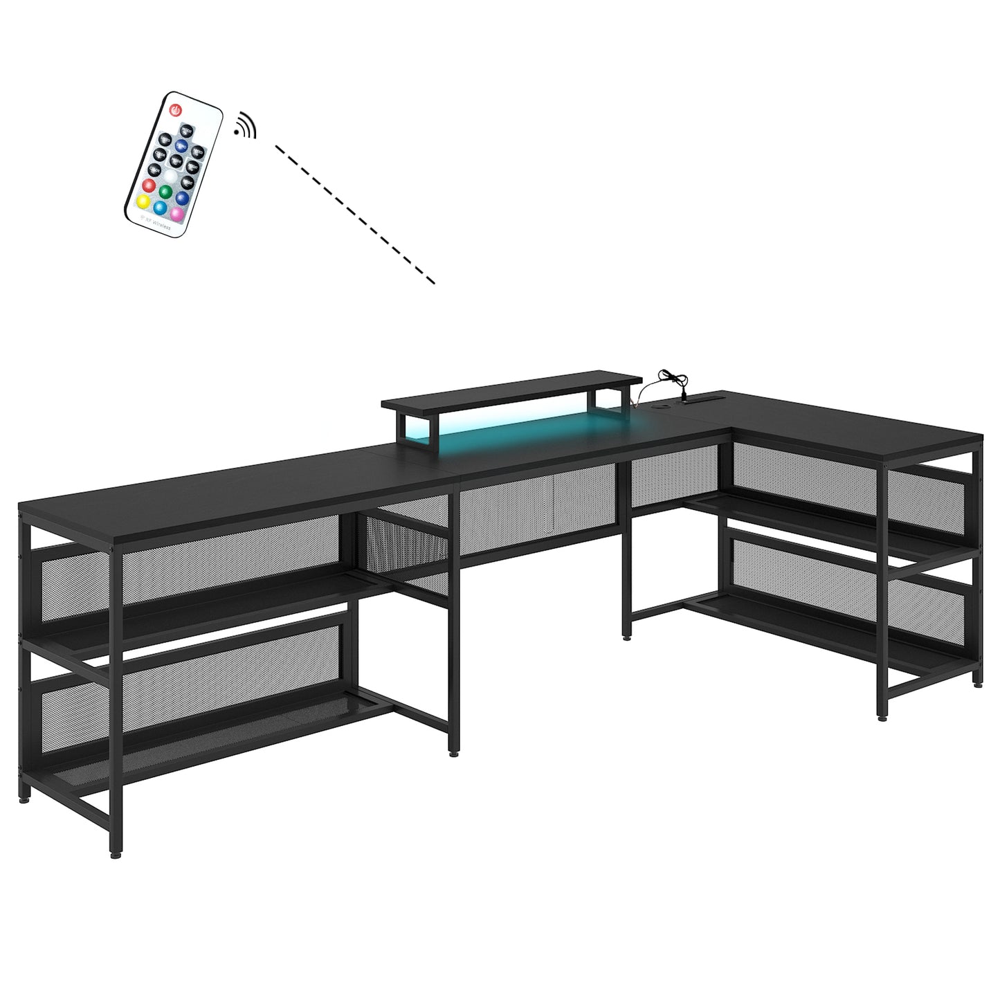 U Shaped Desk with Power Outlets & LED Strip & Monitor Stand, L Shaped Desk with Storage Shelf, Home Office Gaming Desk, Vintage