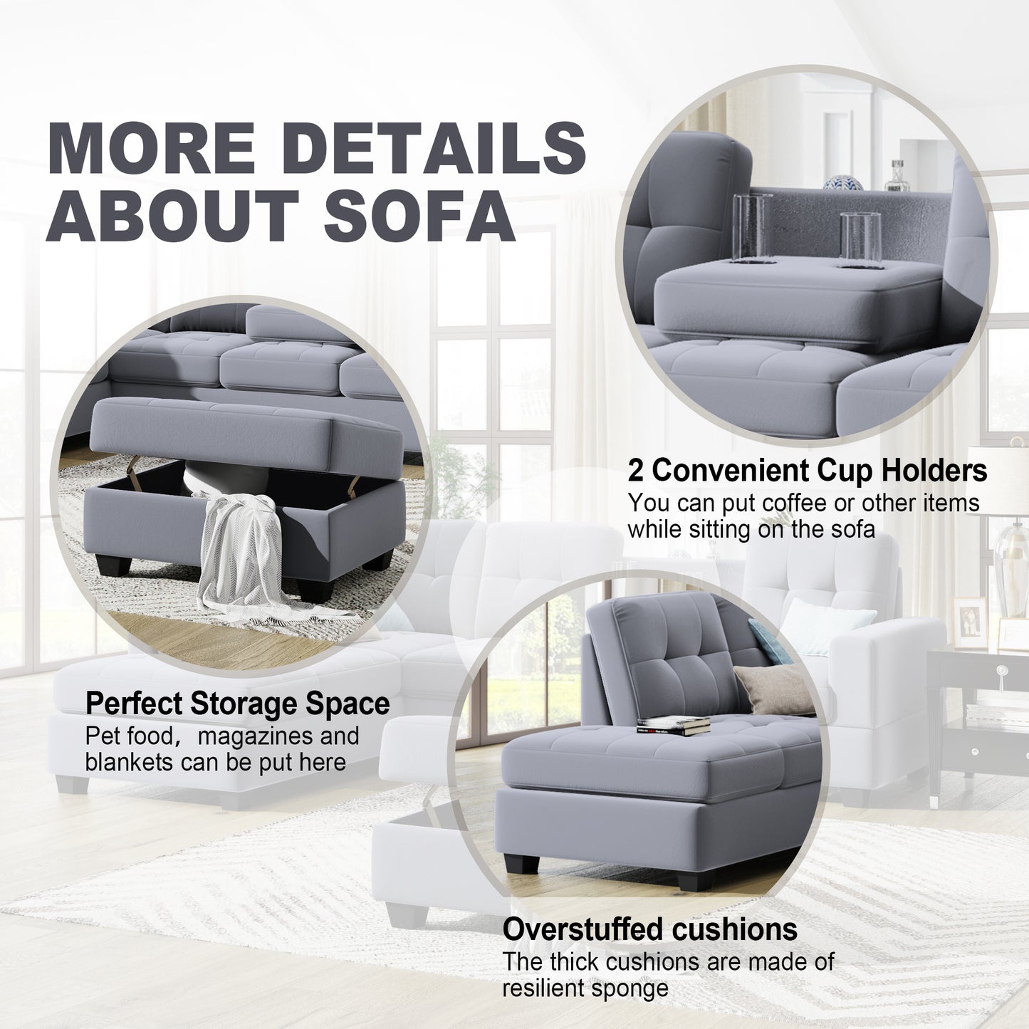 Orisfur. Sectional Sofa with Reversible Chaise Lounge, L-Shaped Couch with Storage Ottoman and Cup Holders