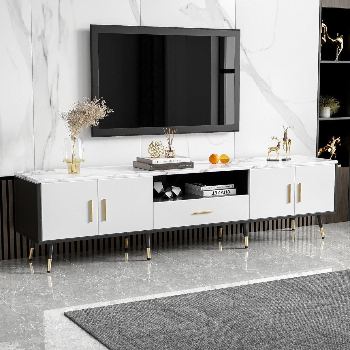 Modern TV Stand With 2 Cabinets & Open Compartments, Entertainment Center For Tvs Up To 80''