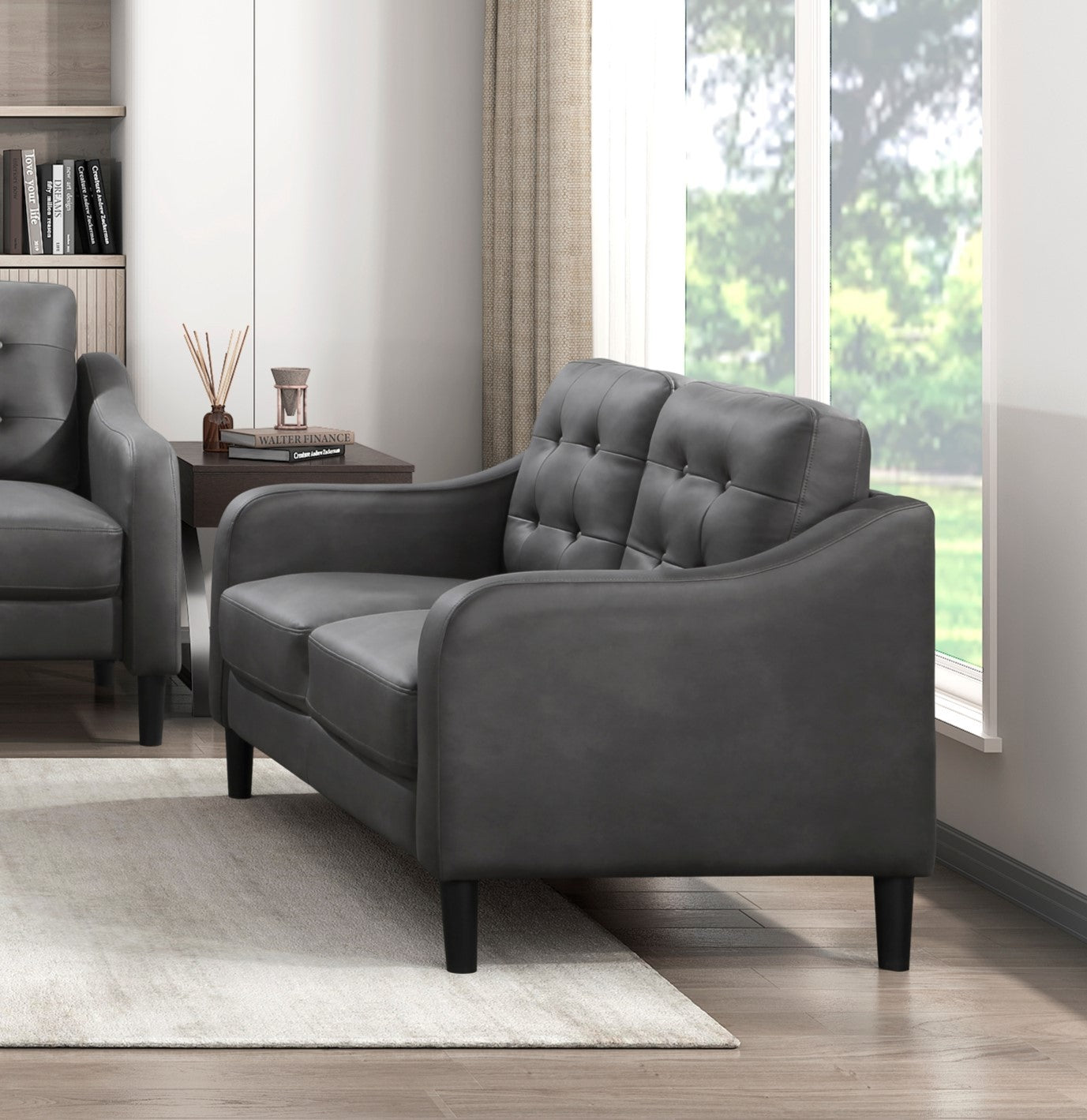 Gray 3pc Sofa Set Microfiber Upholstered Sofa Loveseat Chair Button-Tufted Contoured Arms Solid Wood Frame Casual Living Room Furniture