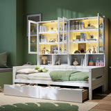 Daybed With Glass Door Storage Cabinets, Built In LED Lighting And Shelves