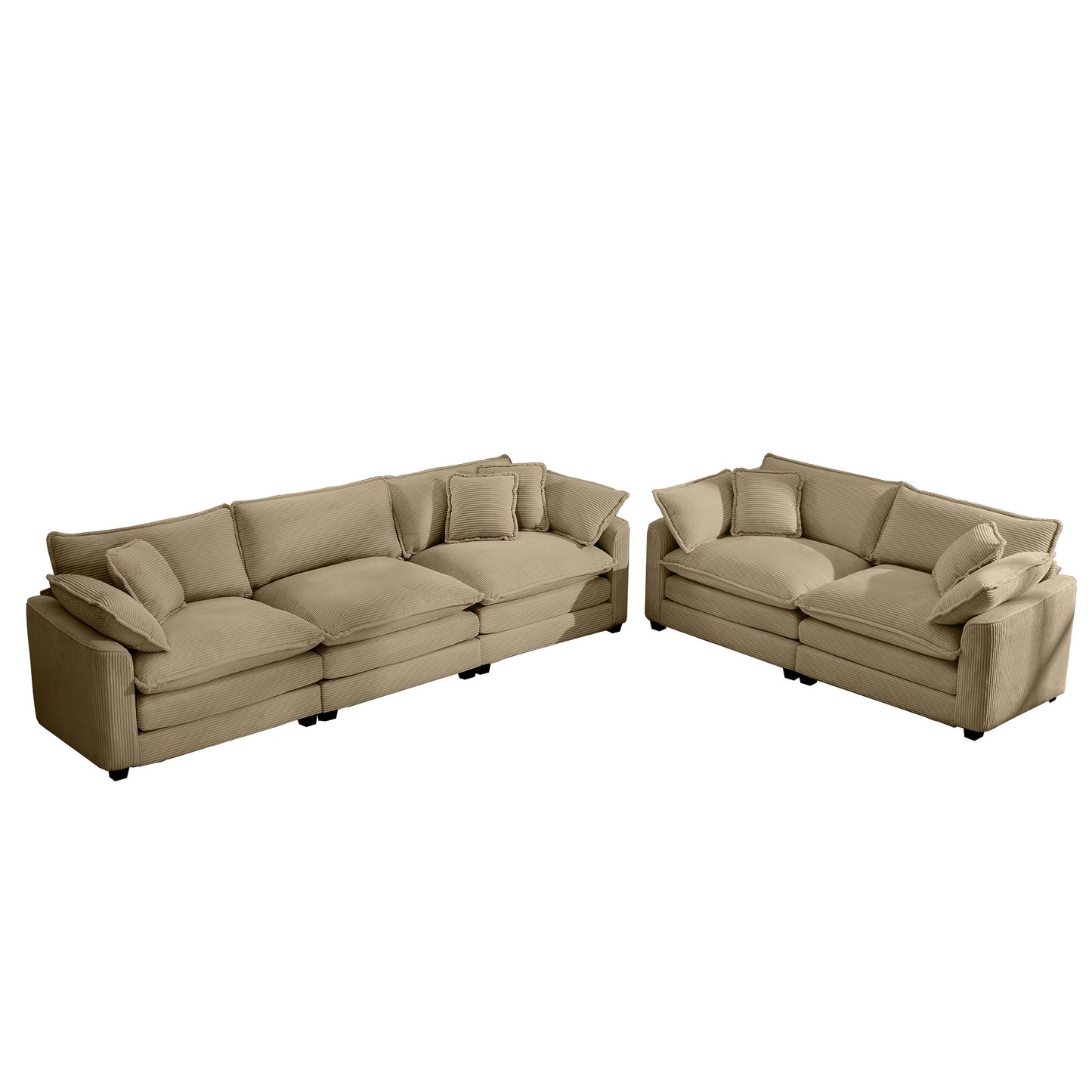 Modern Fabric Living Room Sofa Two Piece Set, Two 2-Seater Sofas with 8 Cushion Upholstery Large Deep Seat Recliner, Tan Corduroy Fabric