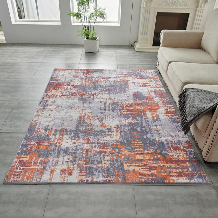 ZARA Collection Abstract Design Grey Brown and Rust Machine Washable Super Soft Area Rug