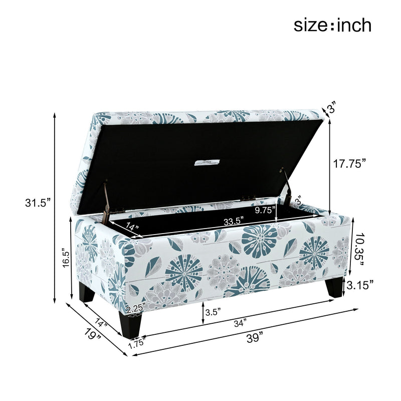 Luxury Storage Ottoman With Floral Patterned Fabric, Soft-Close Hinges, Multi Functional
