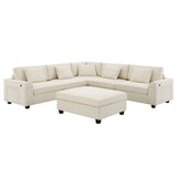 U Shaped Sectional Sofa 6 Seat Couch Set With Oversized Ottoman, Hidden Armrest Storage And Cup Holders USB Charging Ports Wide Seat Sofa
