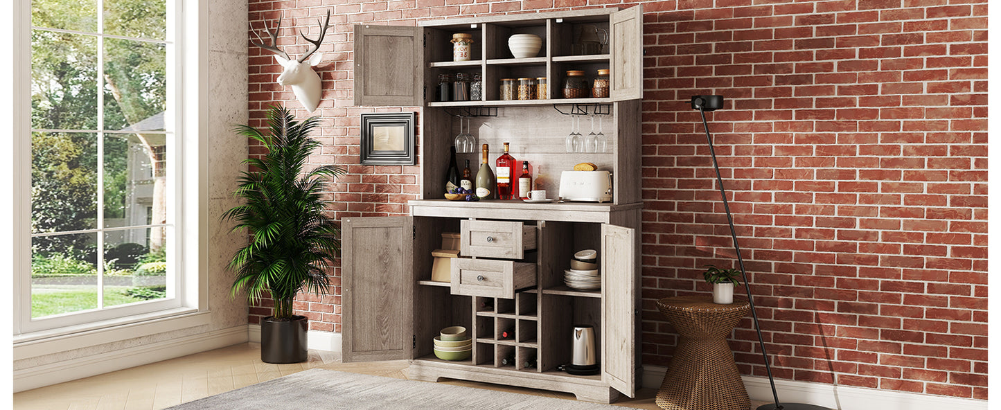 Coffee Bar Cabinet Kitchen Cabinet with Storage, Farmhouse Wine Cabinet with Drawers shelves and cabinets, Buffet Cabinet Wine & Glass Racks for Dining Room, Kitchen, Oak