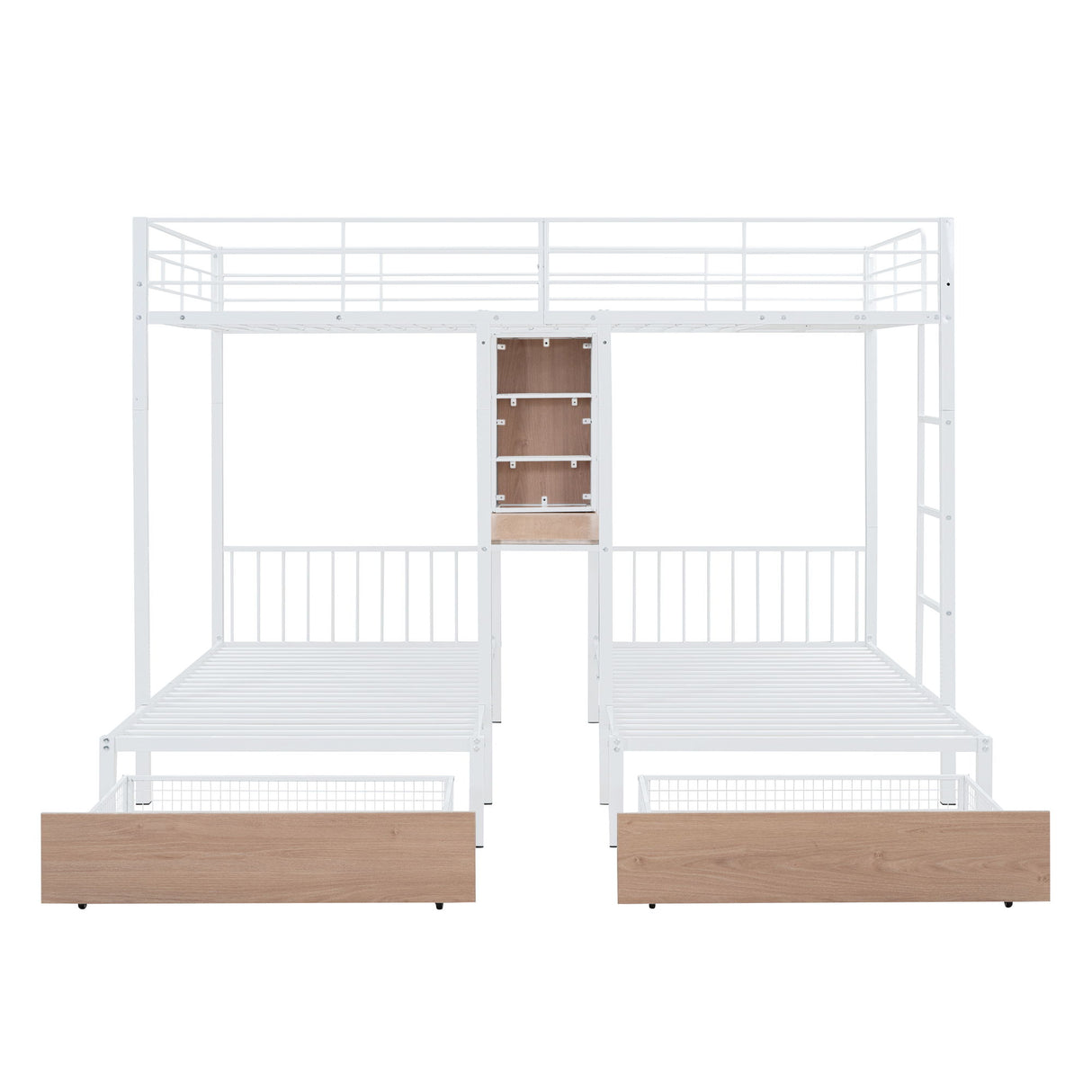 Triple Bunk Bed With Drawers, Multi-Functional Frame With Desks And Shelves In The Middle