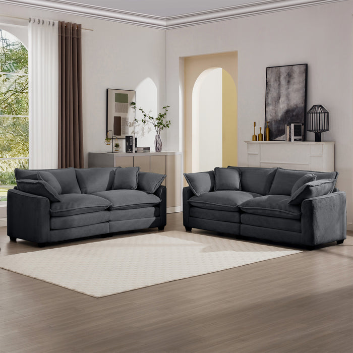 Modern Fabric Living Room Sofa Two Piece Set, Two 2-Seater Sofas with 8 Cushion Upholstery Large Deep Seat Recliner, Grey Corduroy Fabric