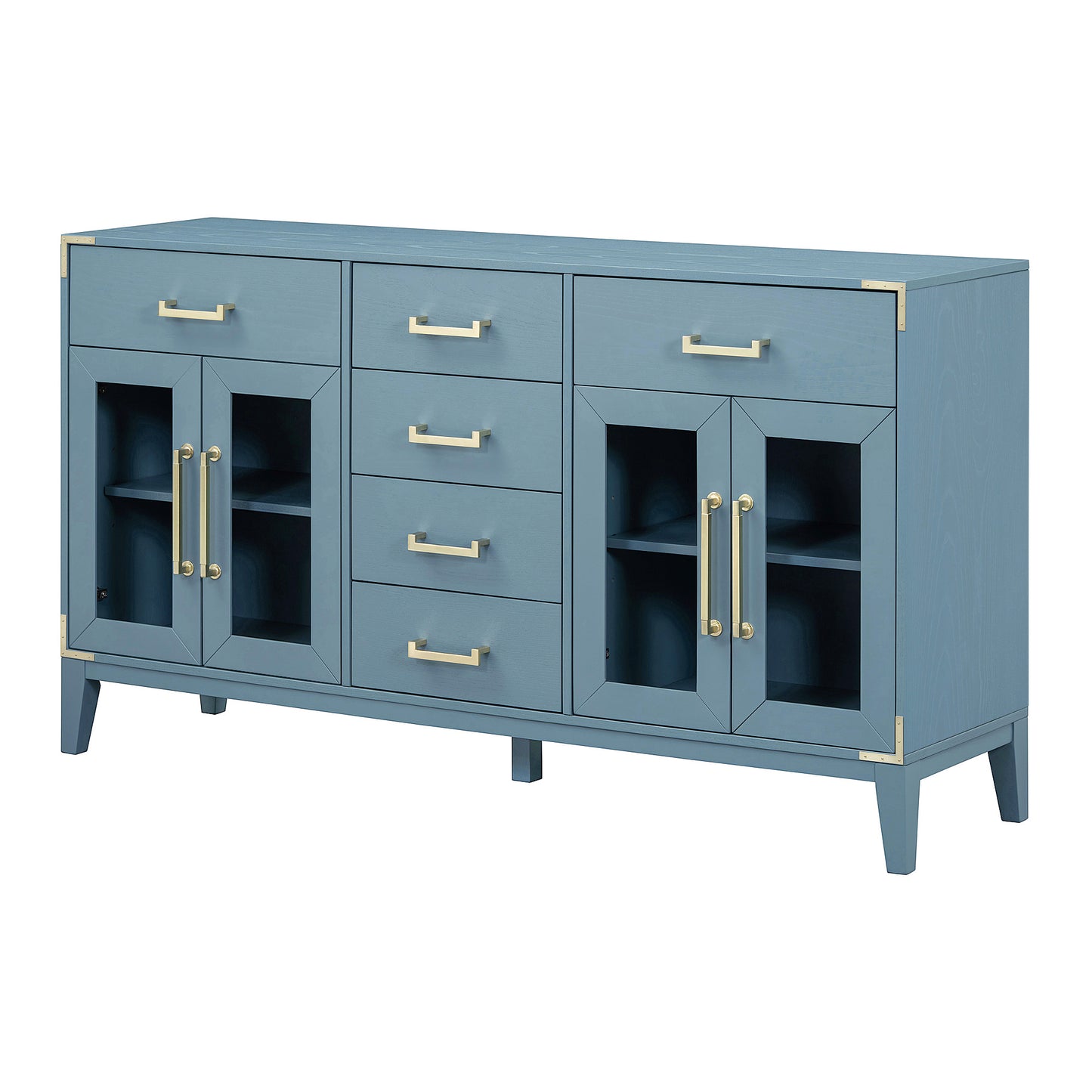 TREXM 6-drawer and 2-Cabinet Retro Sideboard with Extra Large Storage Space, with Gold Handles and Solid Wood Legs, for Kitchen and Living Room (Antique Blue)