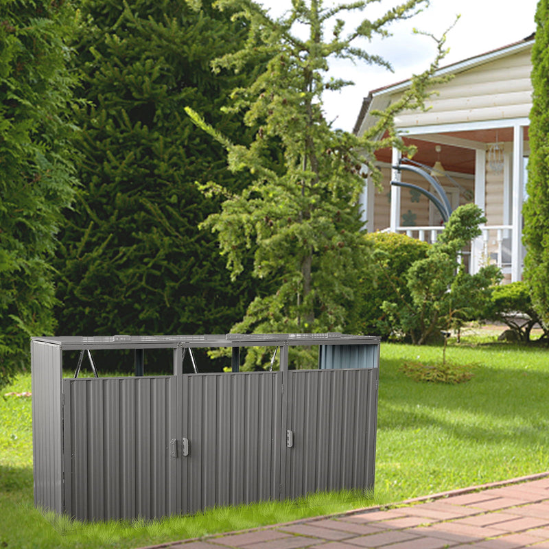 Garbage Bin Shed Stores 2 Trash Cans Metal Outdoor Bin Shed For Garbage Storage, Stainless Galvanized Steel, Bin Shed For Garden Yard Lawn