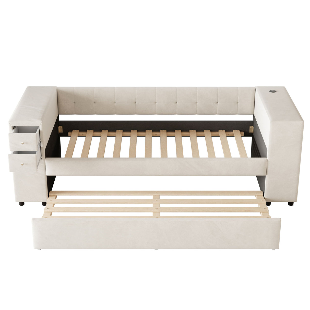Upholstered Bed With Storage And Twin Trundle, USB Charging Ports