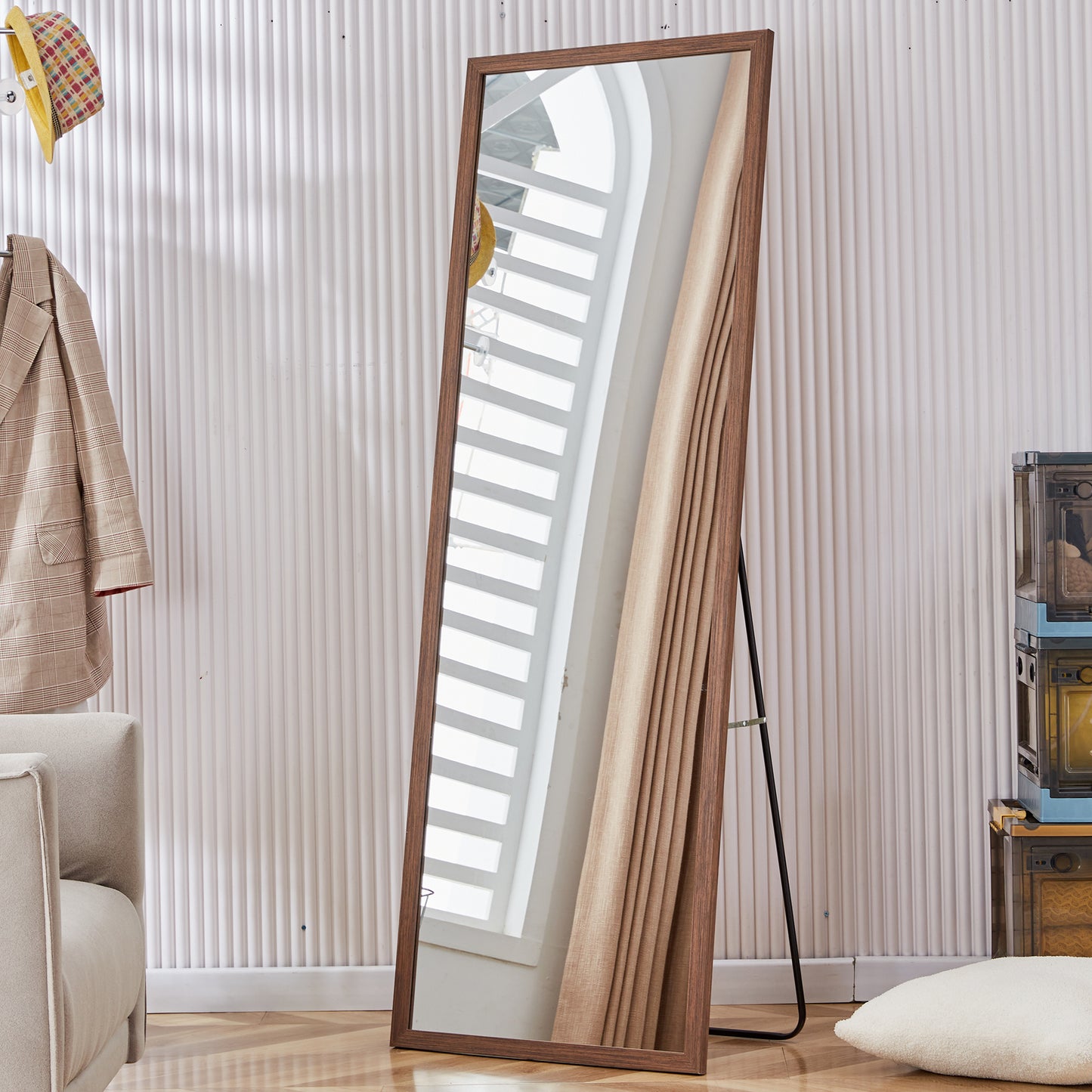 Third generation packaging upgrade, thickened border, brown wood grain solid wood frame full length mirror, dressing mirror, bedroom entrance, decorative mirror, and floor standing mirror.65"*22.8"