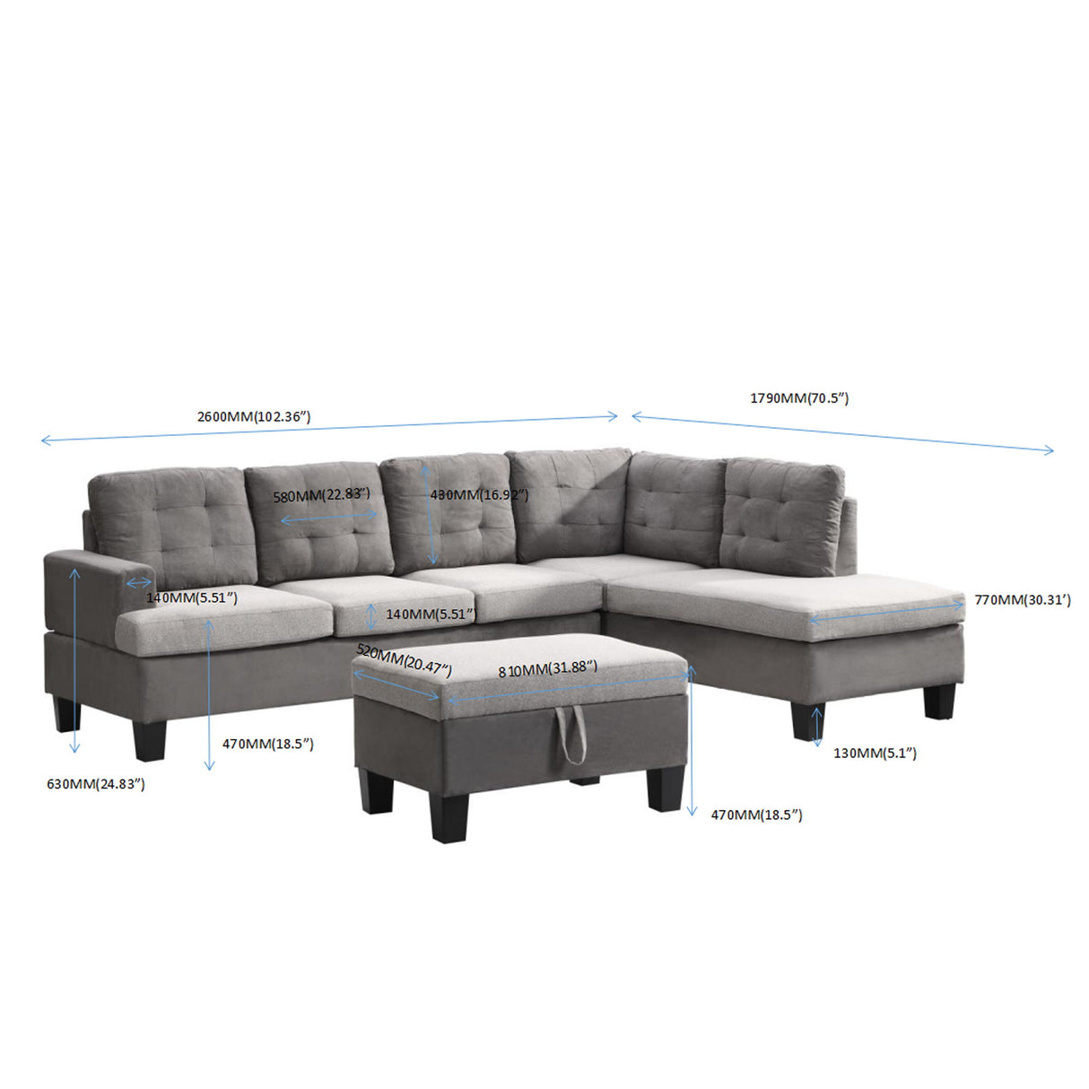 Sofa Set With Chaise Lounge And Storage Ottoman - Gray