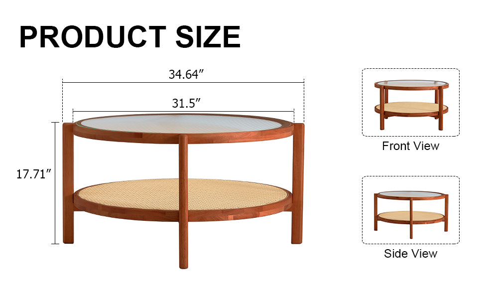 Modern minimalist circular double-layer solid wood coffee table, craft glass tabletop, second layer material: PE rattan, solid wood frame. 34.6 '* 34.6' * 17.7''