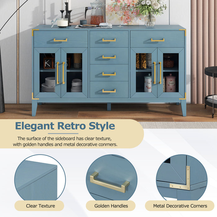 TREXM 6-drawer and 2-Cabinet Retro Sideboard with Extra Large Storage Space, with Gold Handles and Solid Wood Legs, for Kitchen and Living Room (Antique Blue)