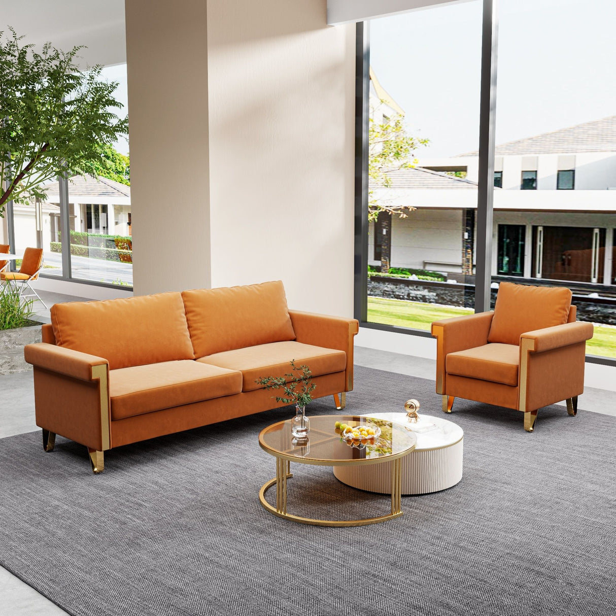 Luxury Velvet Sofa And Chair Set With Metal Accents