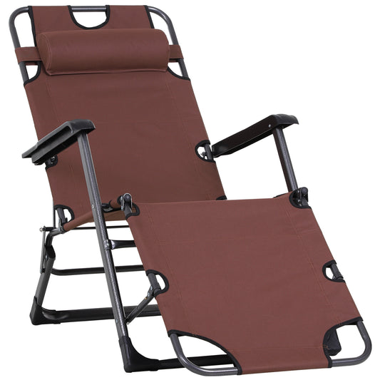 Outsunny Folding Chaise Lounge Chair for Outside, 2-in-1 Tanning Chair with Pillow & Pocket, Adjustable Pool Chair for Beach, Patio, Lawn, Deck, Brown