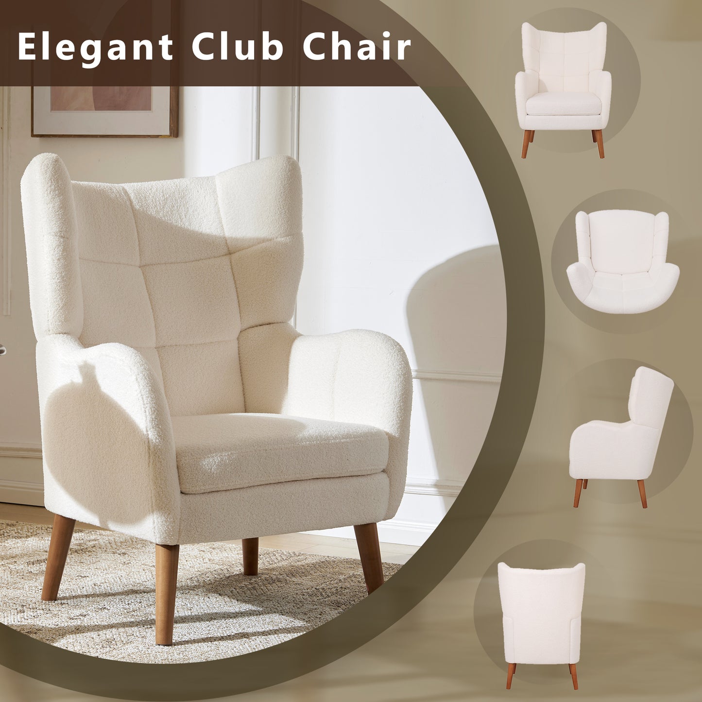 Mid-Century Ivory White High Back Accent/Club Chair with Thick Cushion, Modern Armchair with Round Arm and Birch Wood Legs, Teddy Wool Fabric, for Living Room, Office, Balcony, Bedroom and Study Room