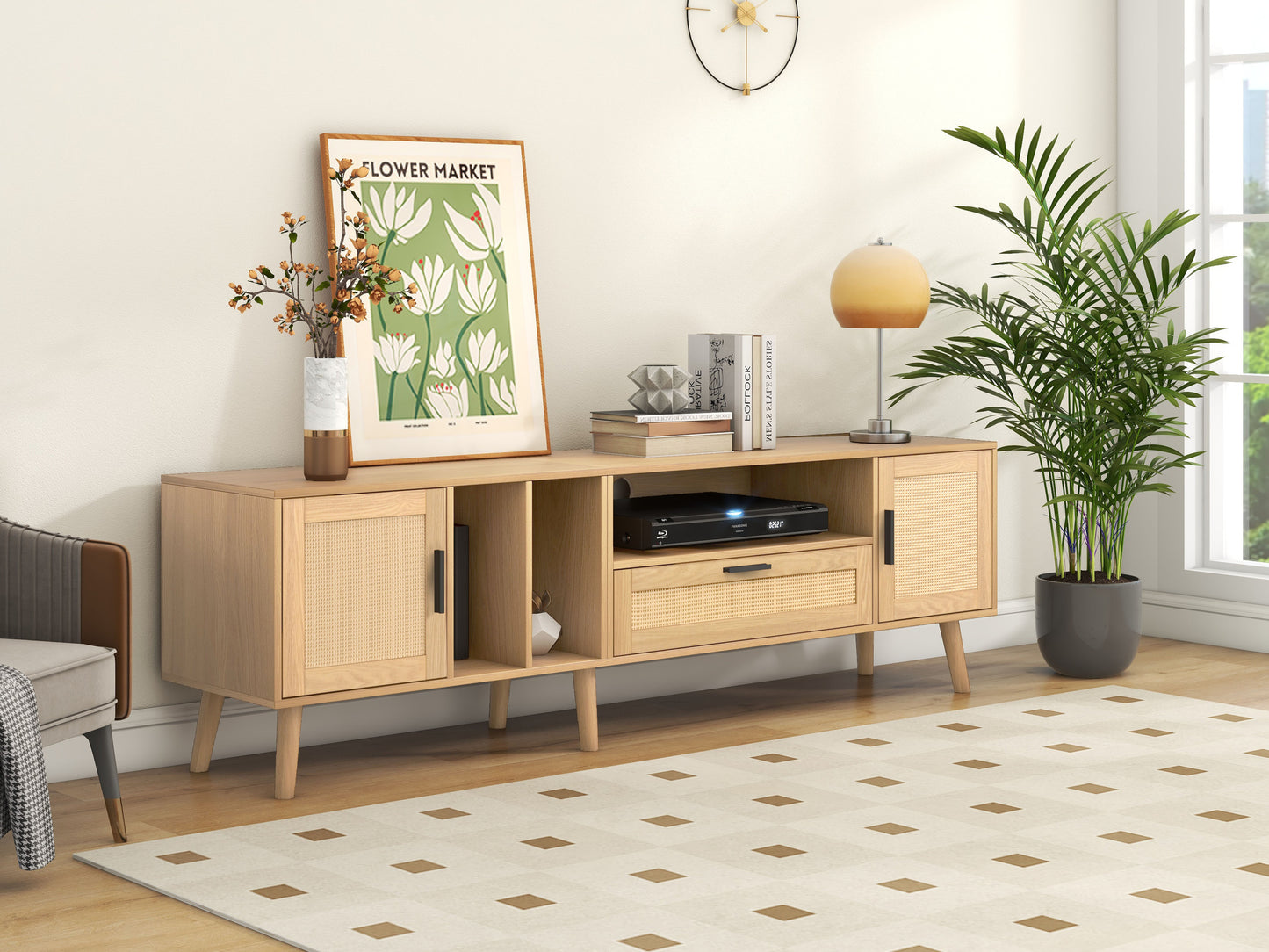 Rattan TV Stand with 2 Cabinets & 2 Open Shelves, Rattan-inspired Media Console Table for TVs up to 80'', Entertainment Center with Solid Wood Legs, TV cabinet for Living room, Bedroom, Home Theatre