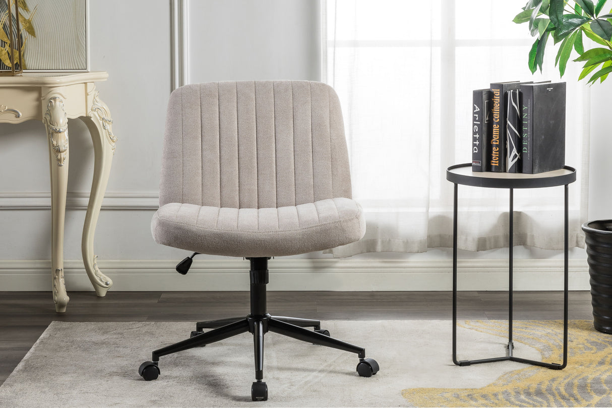 Cross Legged Office Chair, Wide Comfty Desk Chair, Vanity Home Chair, Armless Computer Task Chair With Wheels, Swivel And Height Adjustable - Beige
