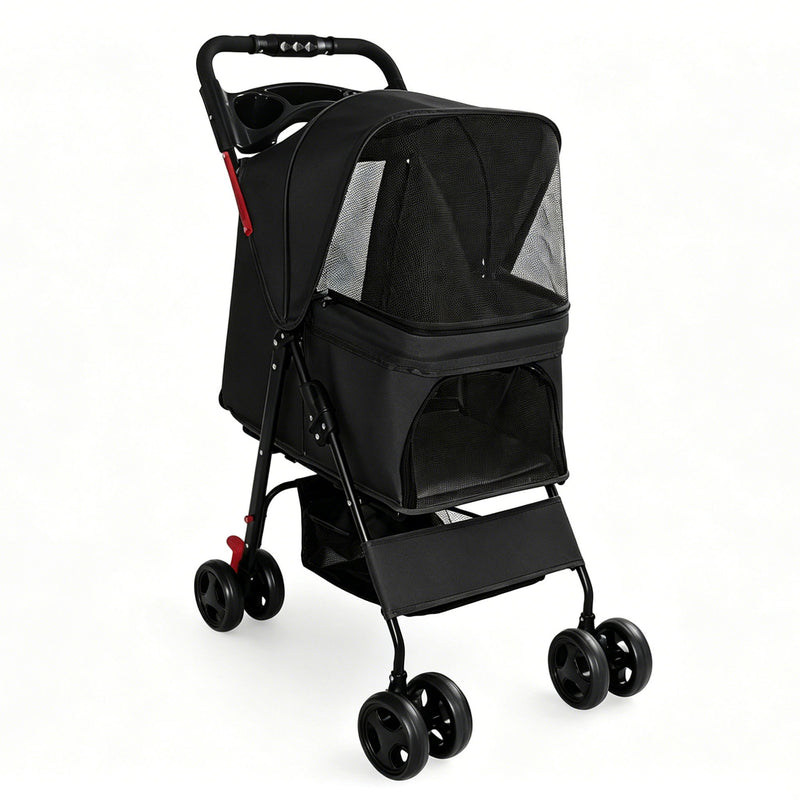 Foldable Pet Stroller For Small Dogs And Cats With Multi Functional Tray