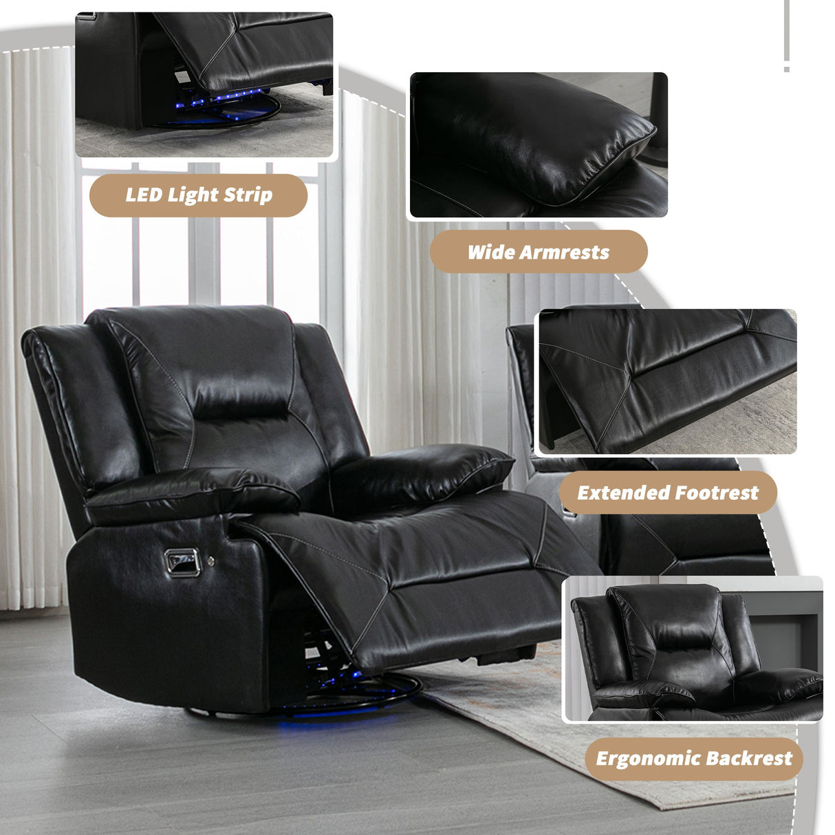 360° Swivel And Rocking Home Theater Recliner Manual Recliner Chair With A LED Light Strip For Living Room