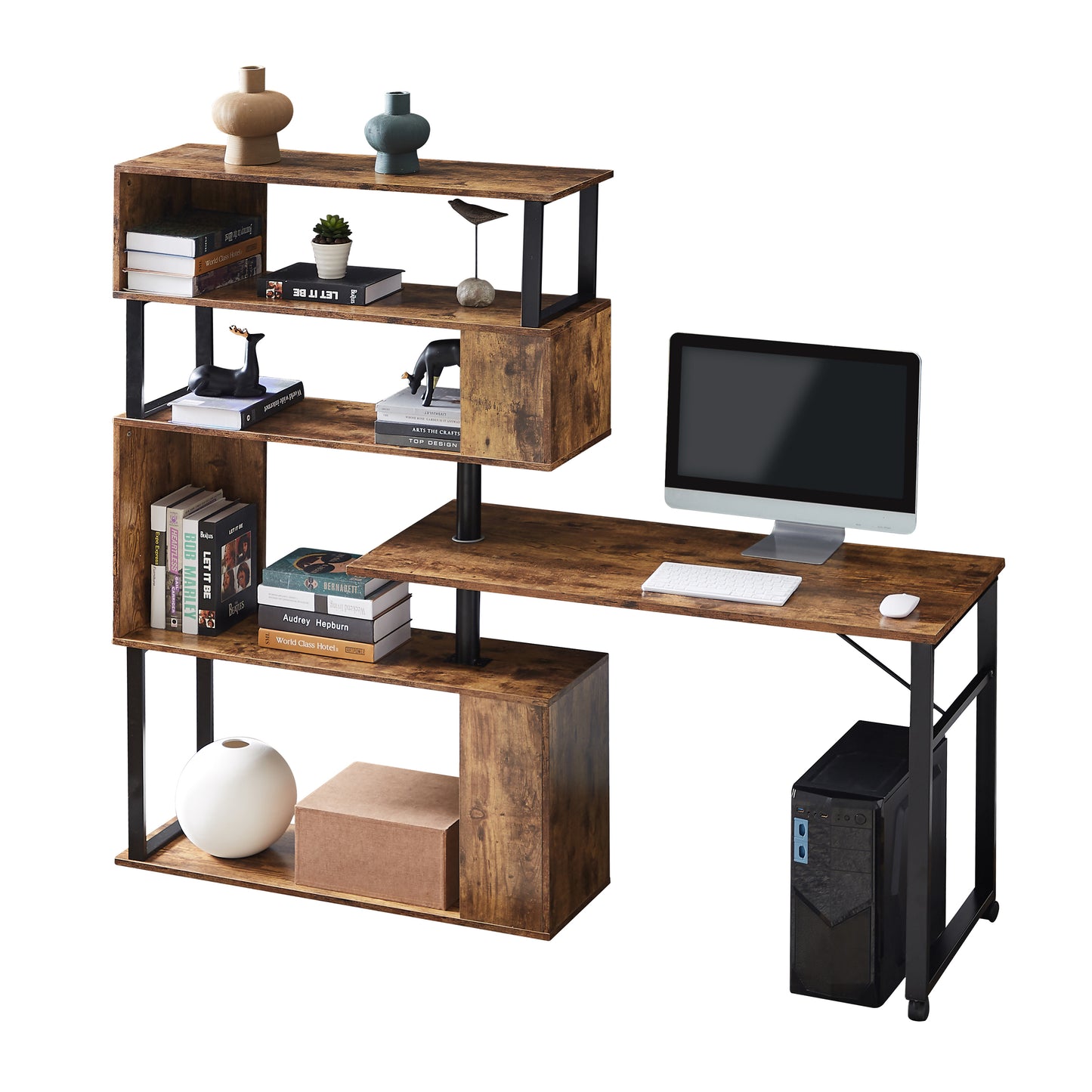 Home Office Computer Desk L-Shaped Corner Table, Rotating Computer Table with 5-Tier Bookshelf, Four Installation Methods, Lockable Casters (Tiger)