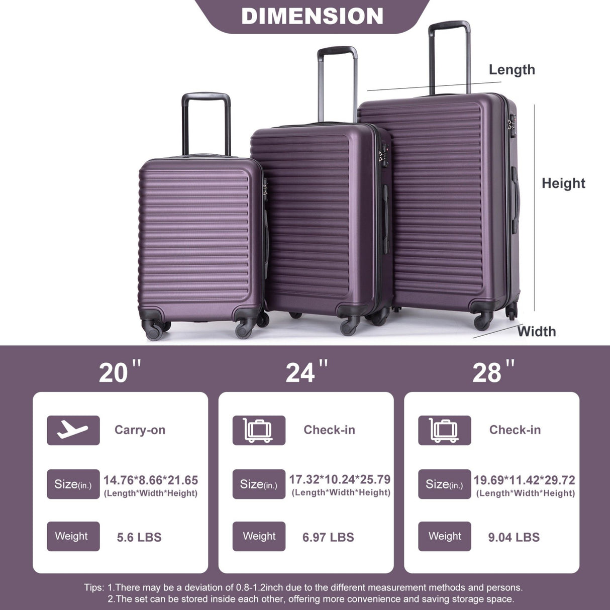 3 Piece Luggage Sets, Lightweight Suitcase With Two Hooks, Spinner Wheels, Tsa Lock