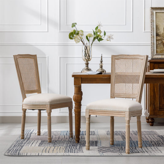 French Style Solid Wood Frame Linen Fabric Square Rattan Back Dining Chair,Set of 2,Cream