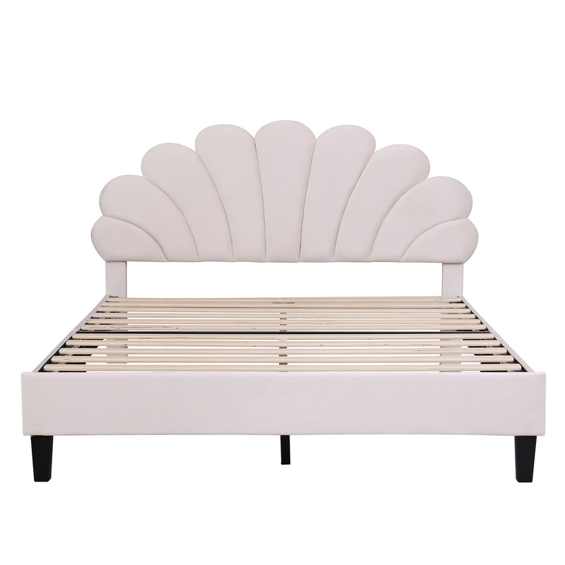 Upholstered Platform Bed With Flower Pattern Headboard