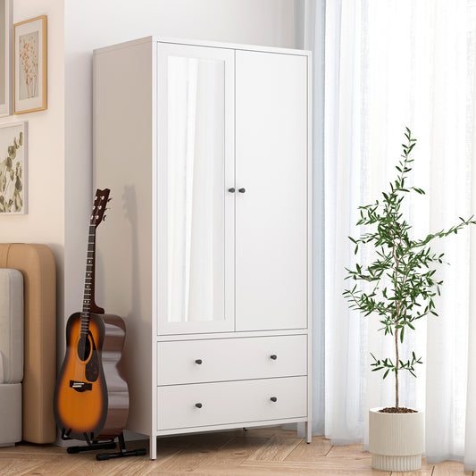 Metal Armoire Wardrobe Closet with 2 Drawers, Mirror Door and Hanging Rod, Metal Clothing Storage Cabinet, Garment Organizer with Magnetic Door - White