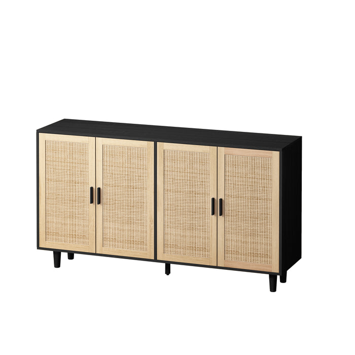 62.20"Elegant and Functional 4-Door Rattan Decorative Storage Cabinet,for Bedroom,Living Room,Office,Easy Assembly,Black(Same SKU:W757P190068)