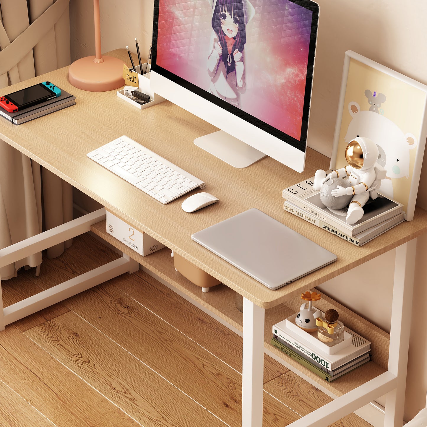 Computer desk Desktop house Simple desk  bedroom desk desk Student home study desk,Home Office Computer Desk with Bookshelf, Wood Computer Desk with Storage Shelves Modern Laptop Table Stu