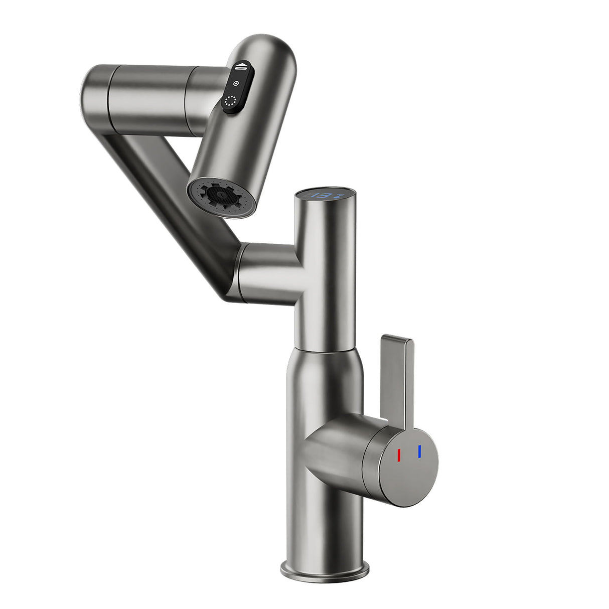 Bathroom Sink Faucet With Spray Function, Temperature Display, Anti Skid Switch, Hot & Cold, 360 Degree Rotary, Brass - Gun Gray